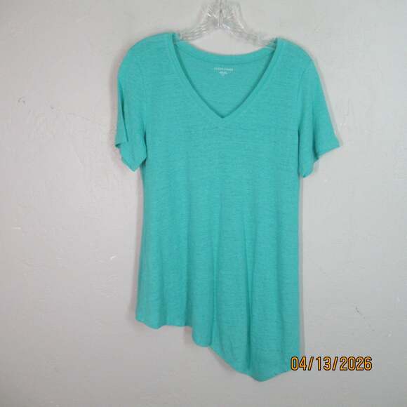 Eileen Fisher Tops - Eileen Fisher Linen Top S Seafoam Green Asymmetrical Hem Vneck Short Sleeve